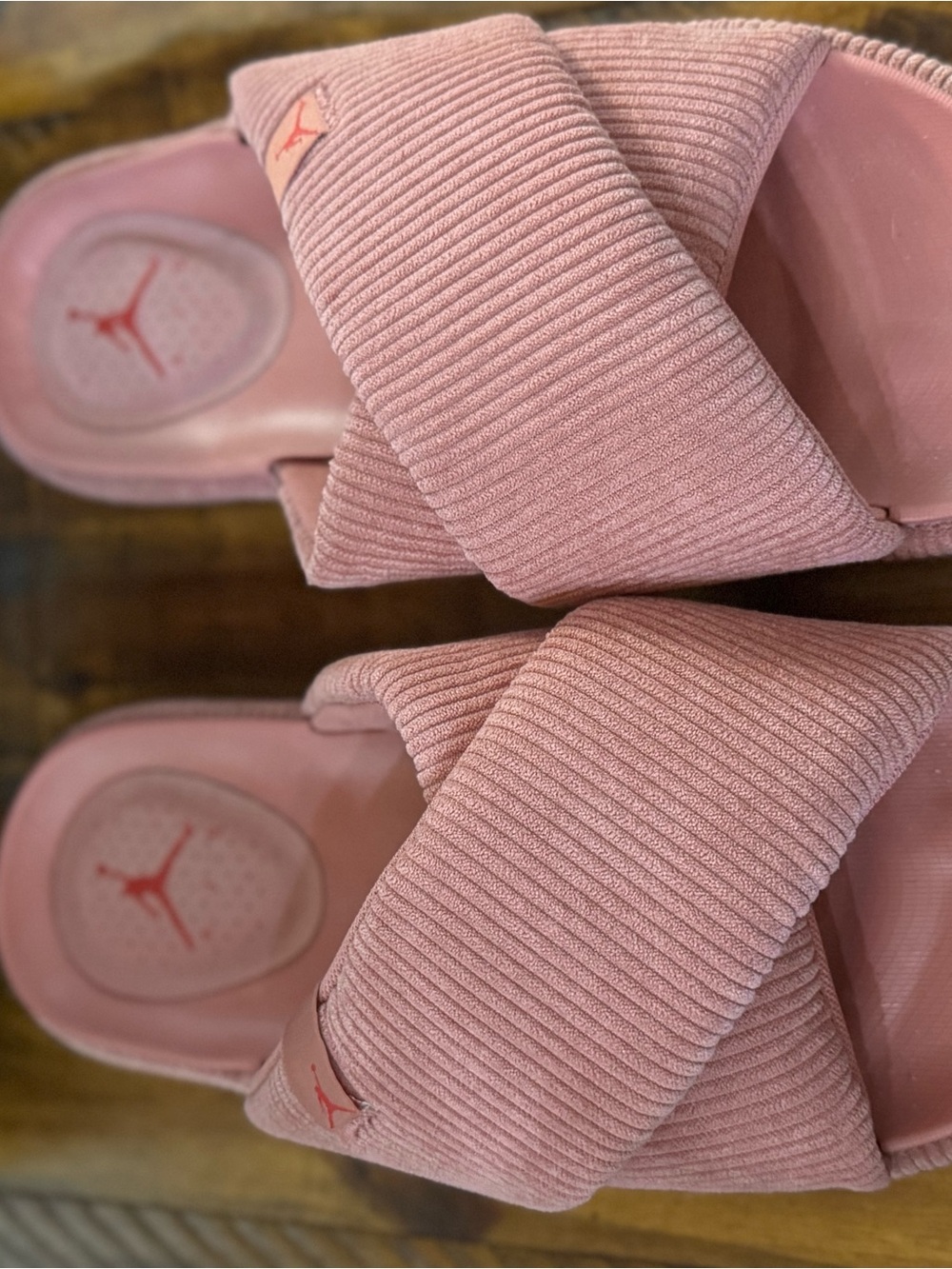 Jordan women’s Pink Corduroy Crossover Slide Sandals